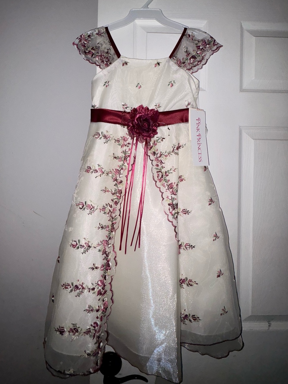 Ivory/Burgundy Floral Embroidered Organza Girl Dress